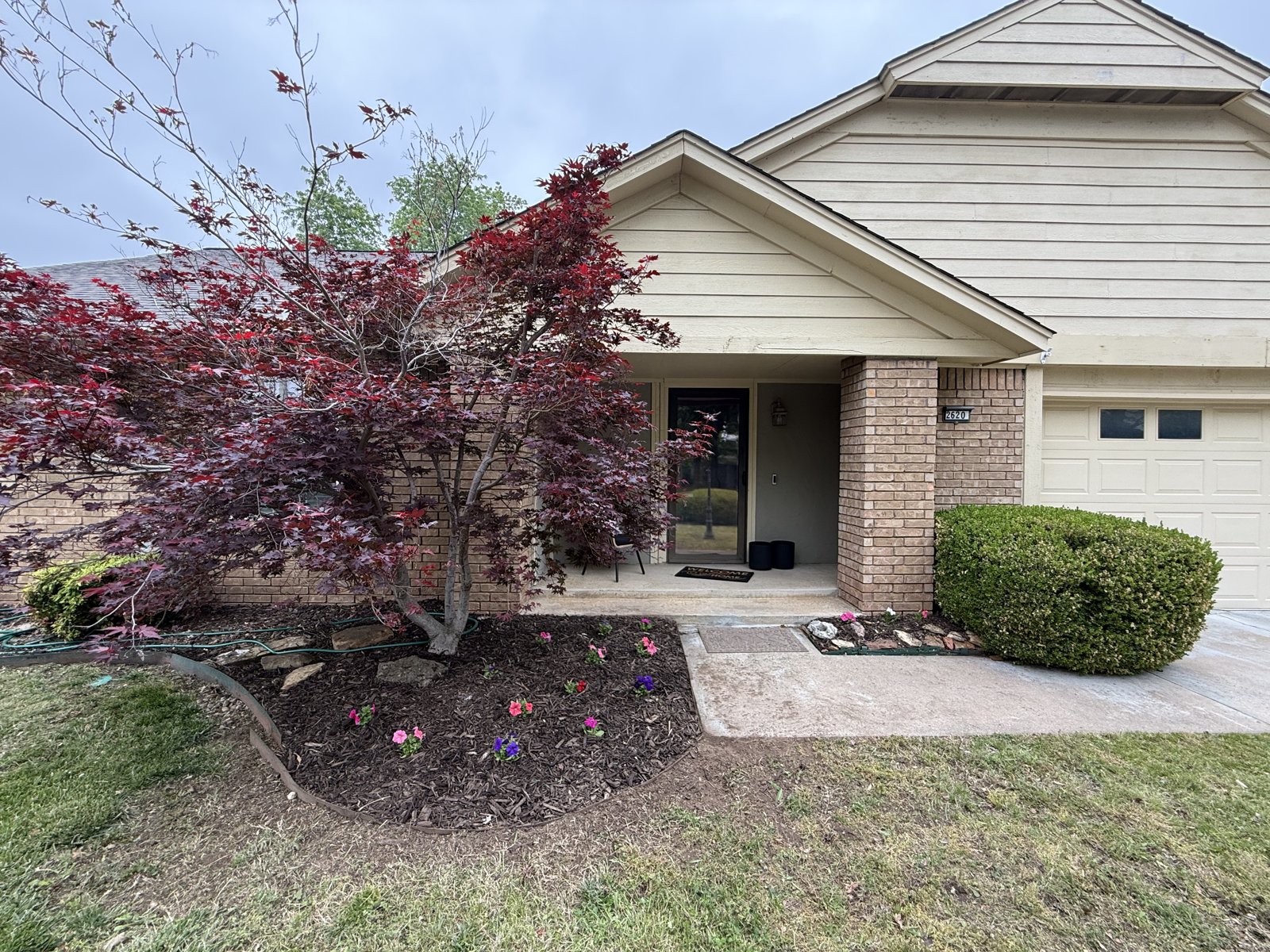 EllCo fresh mulch bed and a trimmed red maple at a Tulsa home entry